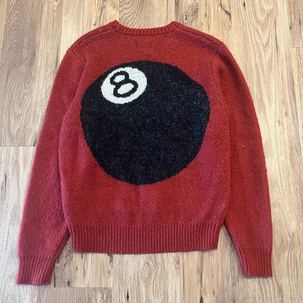 Stussy Red Crewneck Sweater with 8-Ball Design